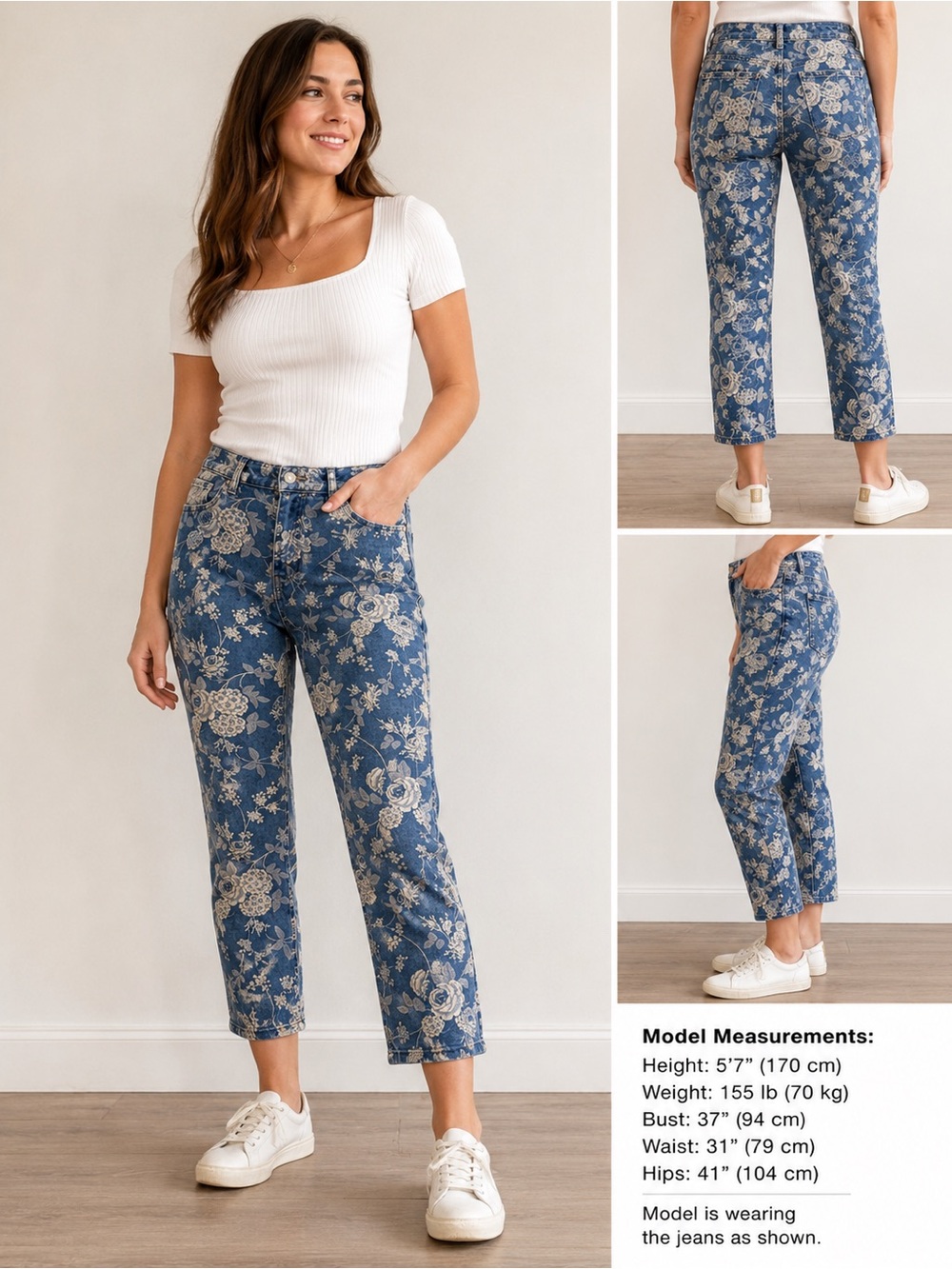 Lauren Ralph Lauren Petite Blue Floral Cropped Straight Jeans 32x25.5 Mid Rise